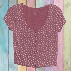 American Eagle Mauve Pink Scoop Neck Button Down Floral Top NWOT